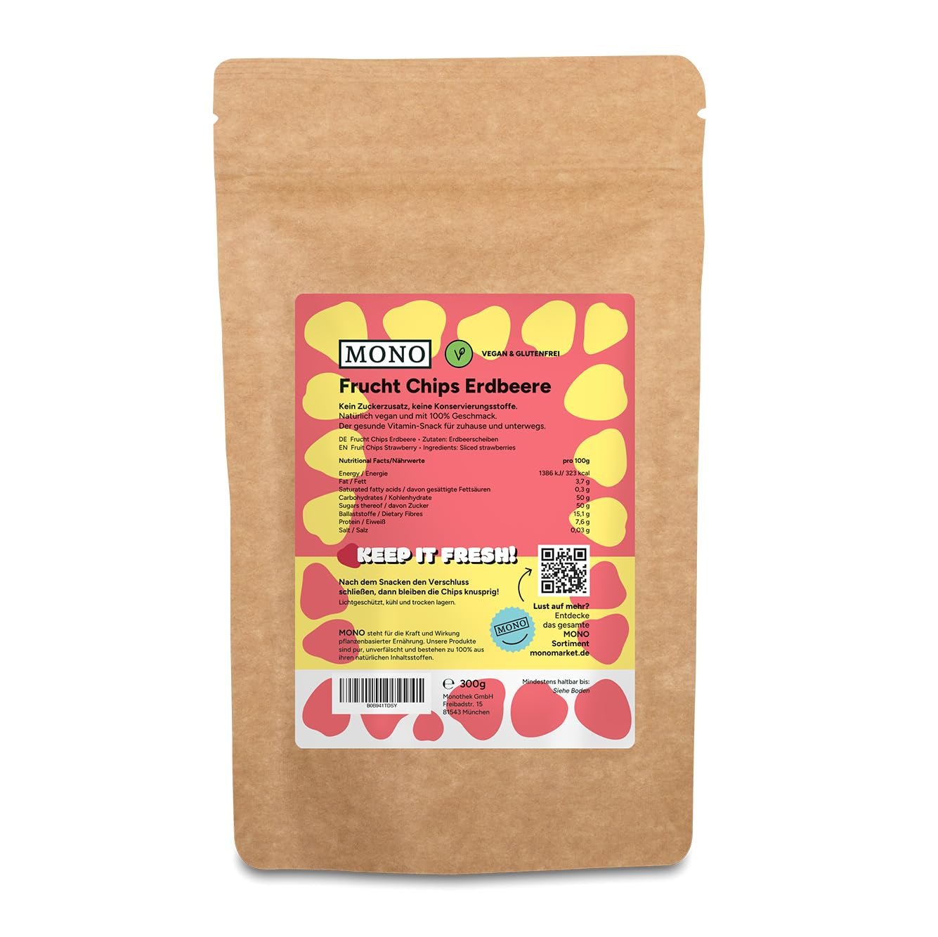 Mono gefriergetrocknete Chips – 300g Erdbeerchips aus 100 % natürlichen Erdbeeren – getrocknete tropische Früchte – getrocknete Erdbeerfrüchte – Snack für Müsli und Desserts – Erdbeerchips Dehydrierte Produkte Naty Shop