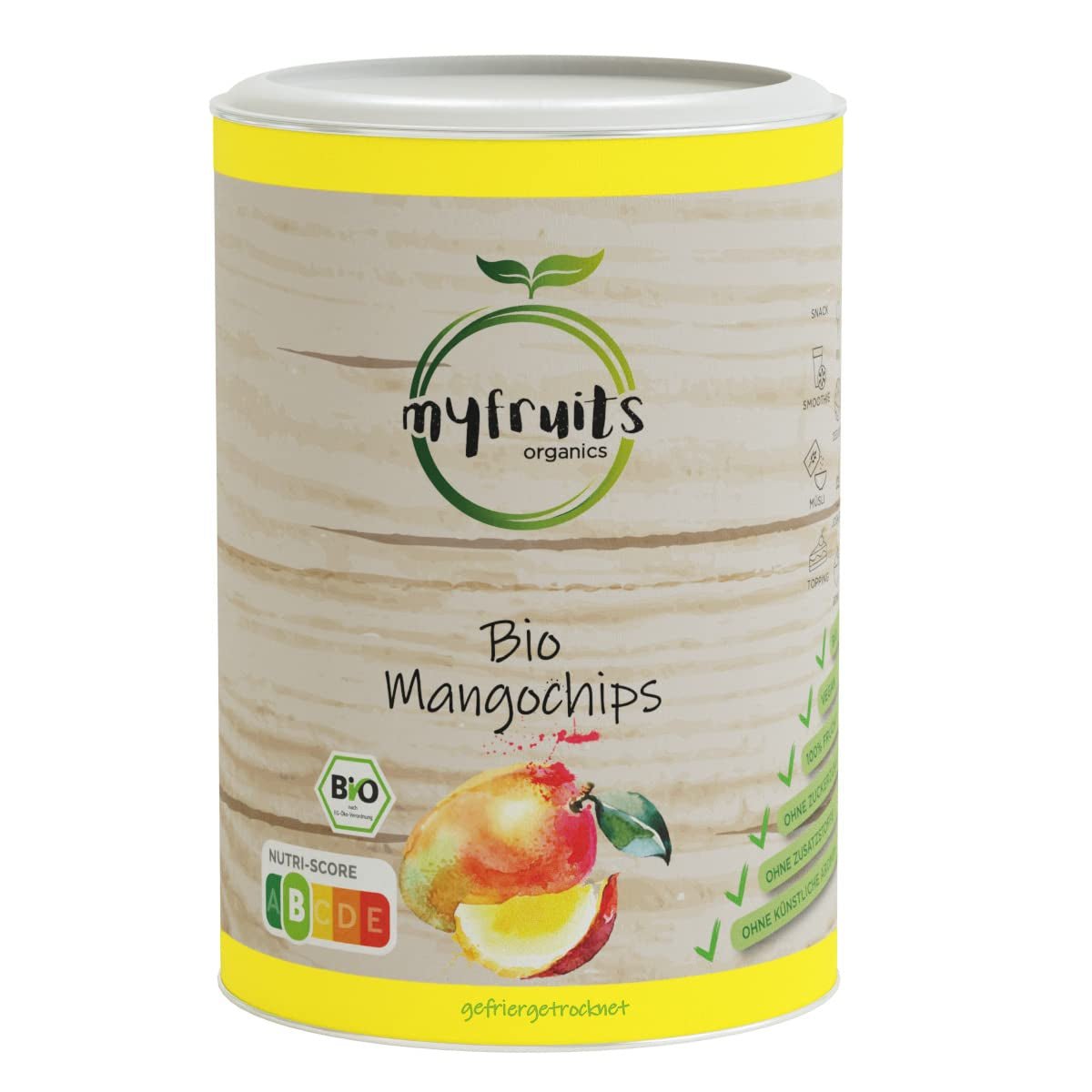 myfruits Bio Mango, gefriergetrocknete Früchte, 300g, Fruchtchips, ohne Zusatzstoffe, 100% Mango, gefriergetrocknete und getrocknete Früchte für Müsli oder Snacks... Dehydrierte Produkte Naty Shop 100 G (1 Packung)