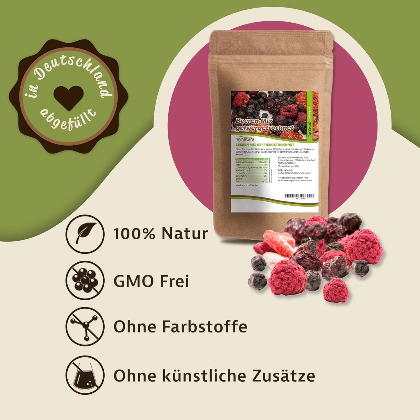 Mynatura Bunte Mischung aus gefriergetrockneten Beeren I Fruchtmischung I Himbeeren I Schwarze Johannisbeeren I Erdbeeren I Fruchtsnacks I Vegan I 350g Dehydrierte Produkte Naty Shop