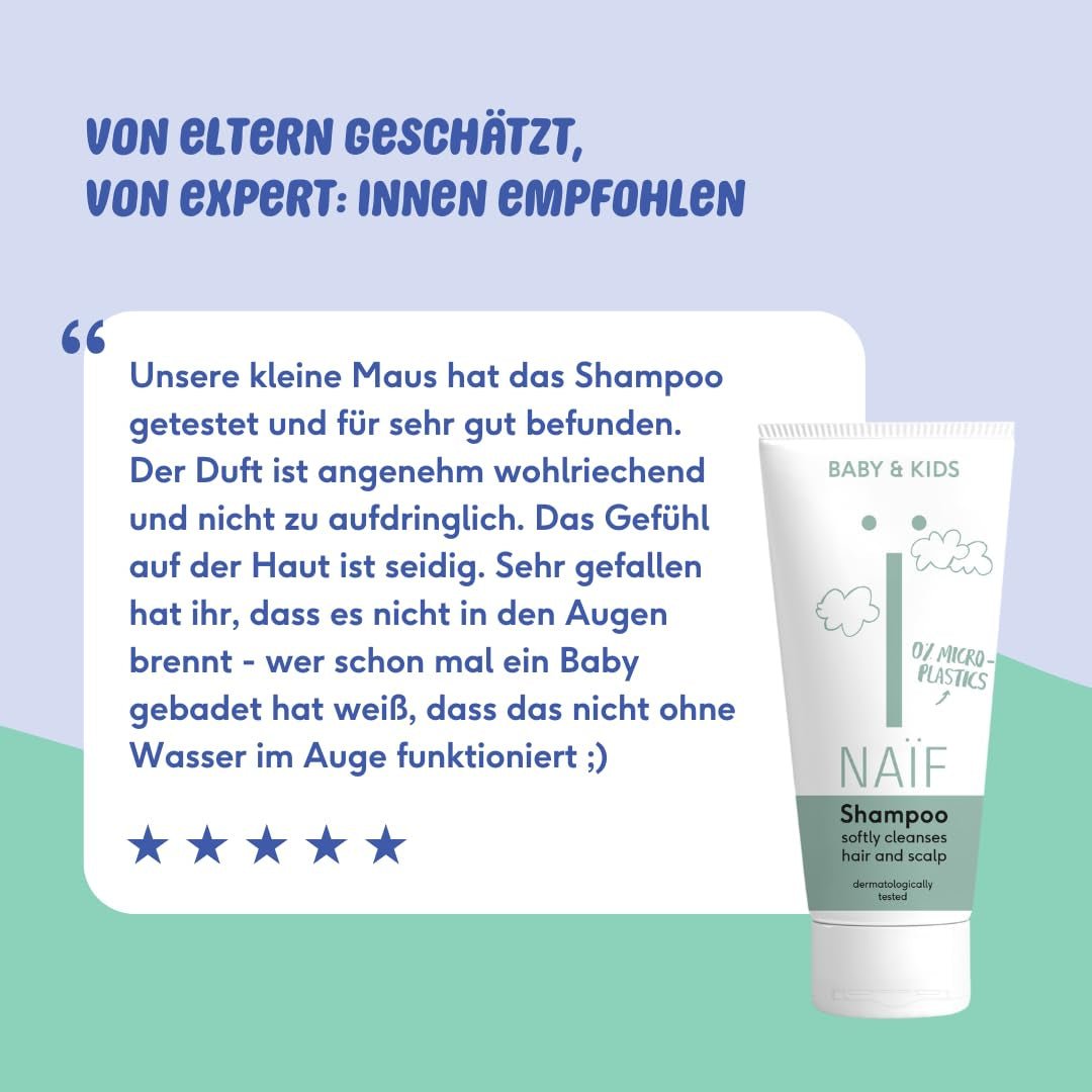 Naïf – Pflegeshampoo – für Babys und Kinder – Babyshampoo mit natürlichen Inhaltsstoffen – 100 % vegan – 0 % SLES – ohne Mikroplastik, Silikone und Parabene – 200 ml Kinder – Bade- und Hautpflege Naty Shop