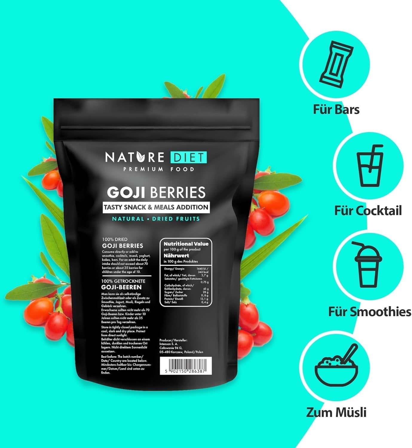 Nature Diet - Goji-Beeren 1000 g | Getrocknete Beeren | Gesunder Snack Naty Shop dehydrierte Produkte