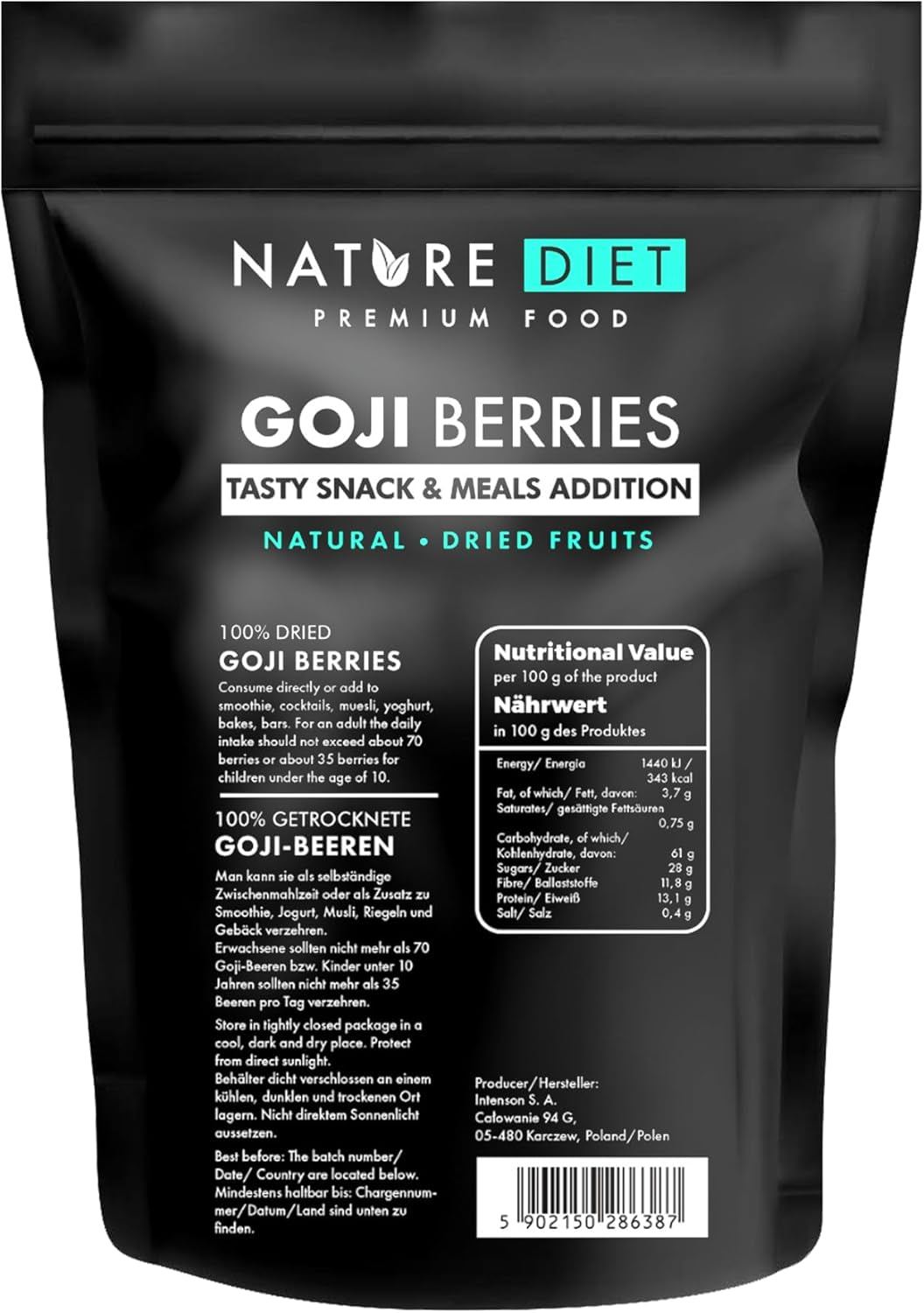 Nature Diet - Goji-Beeren 1000 g | Getrocknete Beeren | Gesunder Snack Dehydrierte Produkte Naty Shop 1 kg (1 Packung)