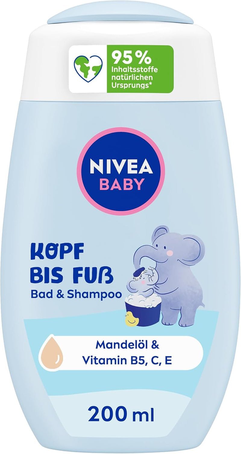 NIVEA BABY Kopf-bis-Fuß-Bad & Shampoo, sanftes veganes Shampoo für Kinderhaut und -haare mit Mandelöl, entspannendes Duschgel mit hypoallergener Formel ohne Parabene und Mikroplastik (200 ml) Kinder - Bade- und Hautpflege Naty Shop Standardtitel