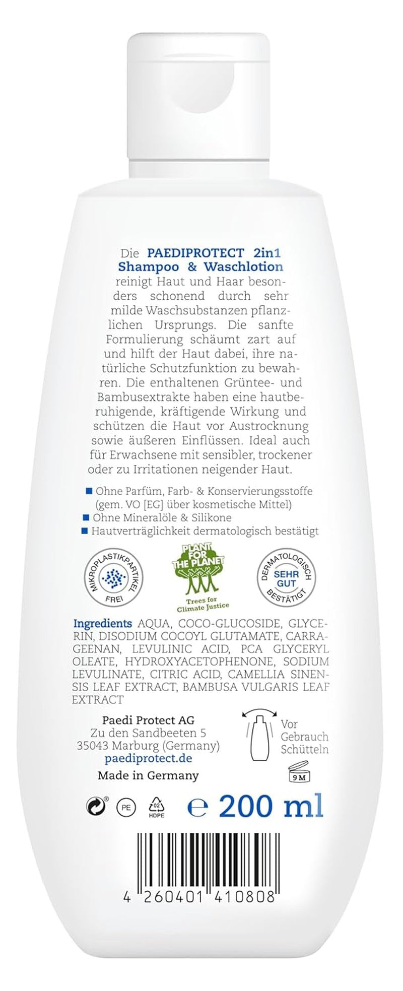 PAEDIPROTECT 2in1 Shampoo und Waschlotion für Babys und Kinder 200 ml, sanfte Reinigung und Haare ohne Parfüm und Mikroplastik, das Duschgel spendet trockener und empfindlicher Haut Feuchtigkeit, auch für Erwachsene Kinder - Bade- und Hautpflege Naty Shop