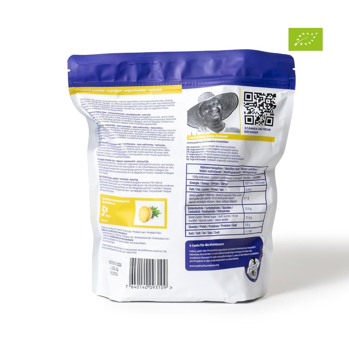 PAKKA Bio- und Fair-Trade-Ananasstücke 1 kg, Bio- und Fair-Trade-getrocknete Ananas, ungesüßt, ungeschwefelt, direkt vom Produzenten in Kolumbien produziert und abgefüllt, vegan 1000 g Dehydrierte Produkte Naty Shop