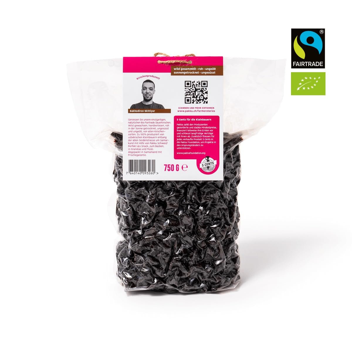 PAKKA – Sonnengetrocknete Bio-Fairtrade-Kirschen 750 g, wild geerntete Bio-Kirschen, ungesüßt, ungesüßt direkt von Kleinbauern in Samarkand, Usbekistan, vegan, 750 g Naty Shop Dehydrierte Produkte