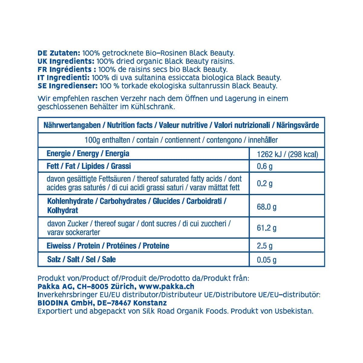 PAKKA – Bio-Fairtrade-Black-Beauty-Rosinen 600 g, biologisch, kernlos, schwarze Trauben, sonnengetrocknet, ölfrei, sehr klebrig, ungeschwefelt, direkt von Kleinbauern in Samarkand in Usbekistan. Dehydrierte Produkte Naty Shop
