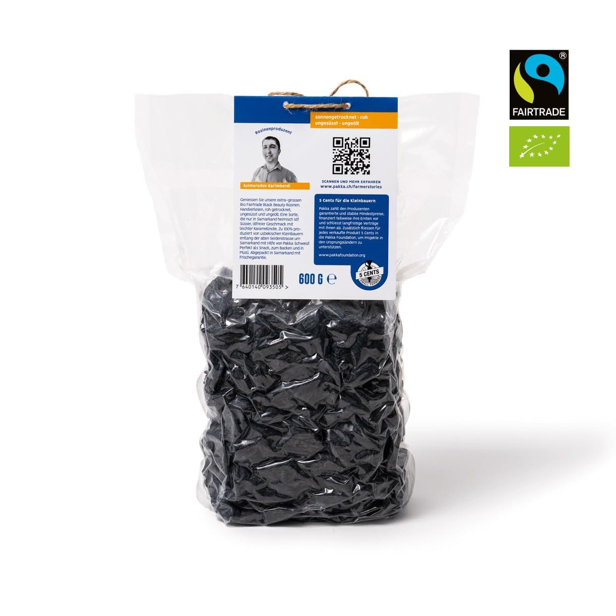 PAKKA – Bio-Fairtrade-Black-Beauty-Rosinen 600 g, biologisch, kernlos, schwarze Trauben, sonnengetrocknet, ölfrei, sehr klebrig, ungeschwefelt, direkt von Kleinbauern in Samarkand in Usbekistan. Dehydrierte Produkte Naty Shop