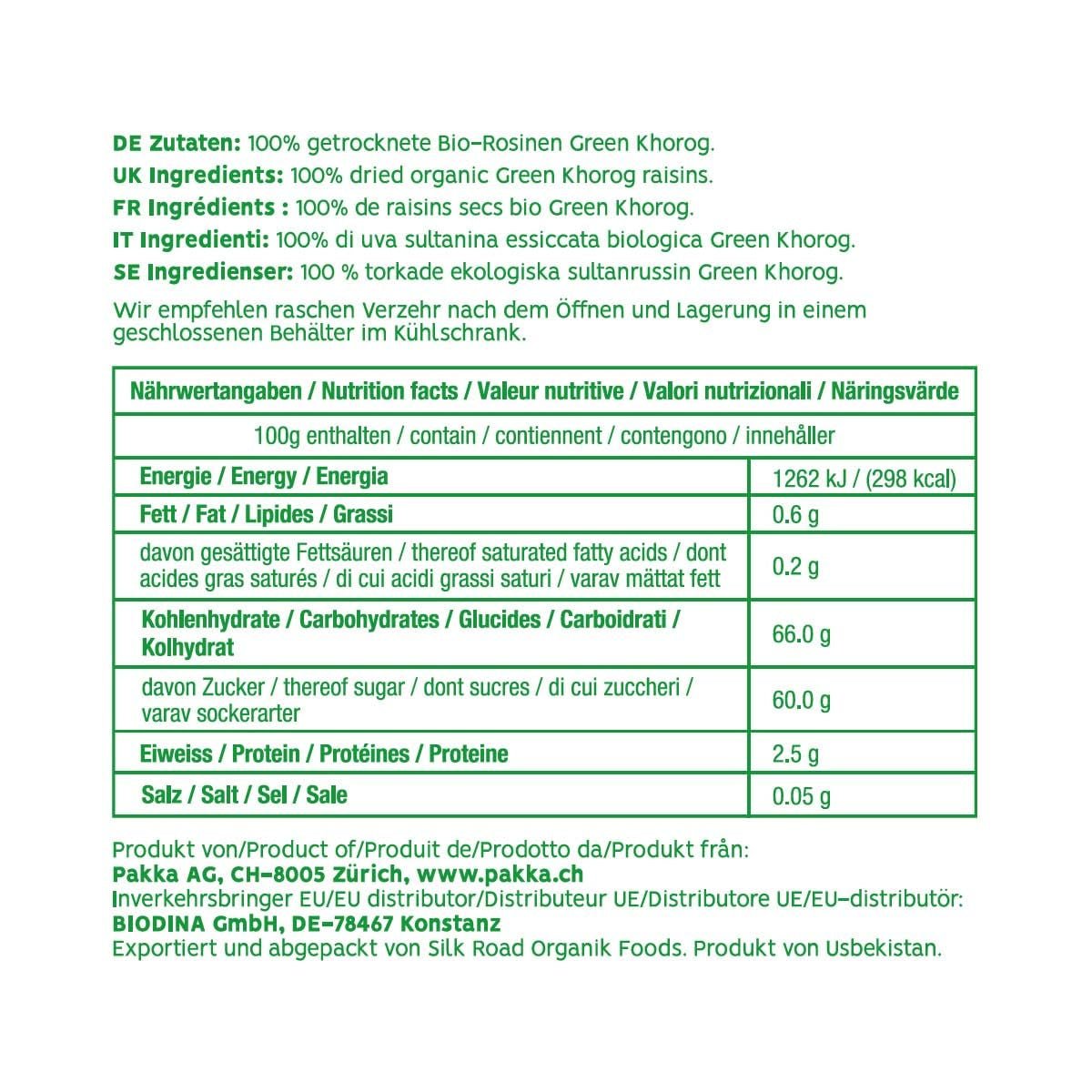 PAKKA – Bio-Fairtrade-grüne Khorog-Rosinen 750 g, biologisch und Fairtrade, kernlos, schattengetrocknet, ölfrei, sehr klebrig, direkt von Kleinbauern in Samarkand, Usbekistan, vegan, 750 g, dehydrierte Produkte von Naty Shop