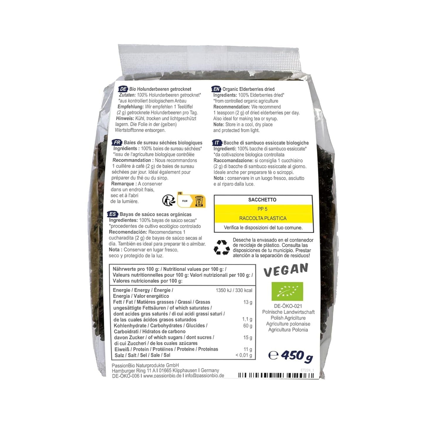 PassionBio Bio getrocknete Holunderbeeren 450g – Schwarze Holunderbeeren für Tee und Sirup – Vegan, ohne Konservierungsstoffe, ohne Zuckerzusatz (laut Gesetz) Dehydrierte Produkte Naty Shop