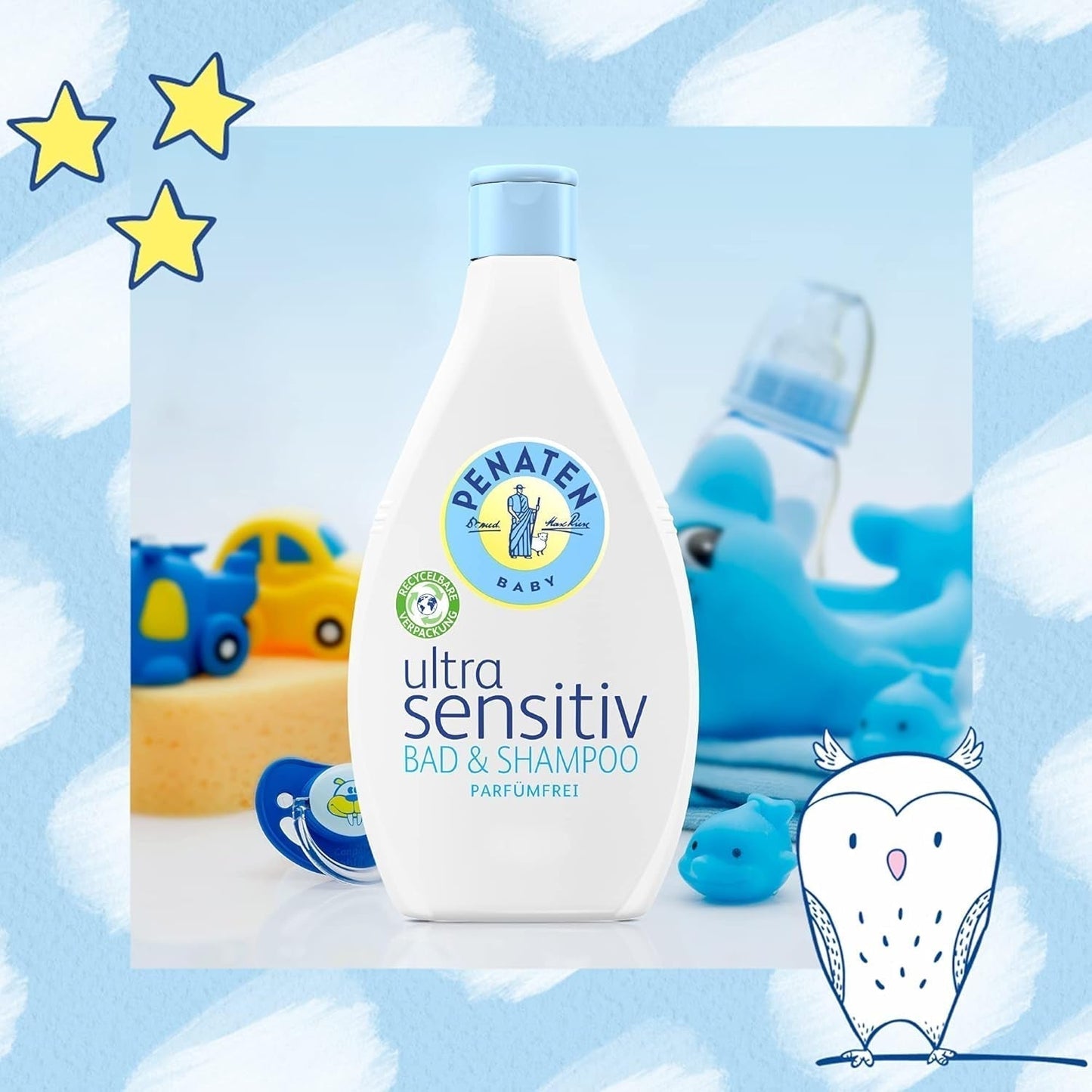 PENATEN Ultra Sensitive Bad & Shampoo (400 ml), besonders sanftes Babybad und Shampoo für die sehr empfindliche Haut von zu Neurodermitis neigenden Babys, parfüm- und farbstofffreies Duschgel und Haarshampoo Kinder - Bade- und Hautpflege Naty Shop