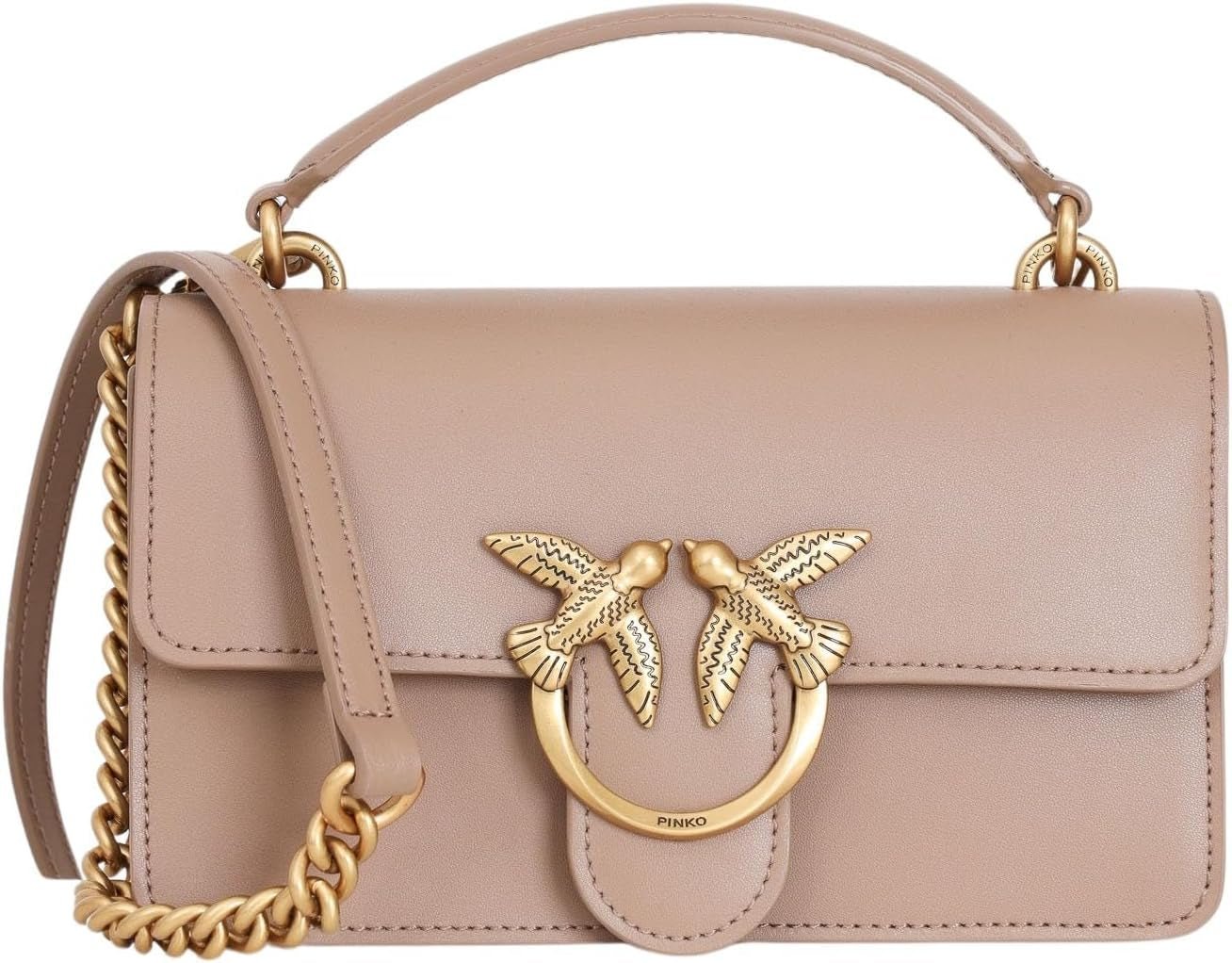 Pinko Damen Love One Mini leichte Tasche aus Kalbsseide Damentaschen Naty Shop D01Q_Biscuit Ginger Antikgold