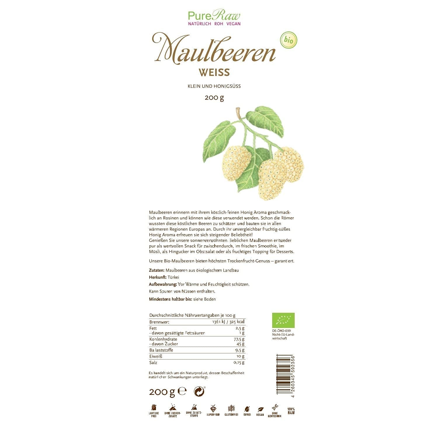 Premium Bio getrocknete (roh-vegane) weiße Maulbeeren Morus Alba Maulbeerfrucht – Trockenfrüchte ohne Zuckerzusatz aus der Türkei – Bio rohe weiße Maulbeeren Trockenfrüchte | PureRaw 200g Naty Shop dehydrierte Produkte