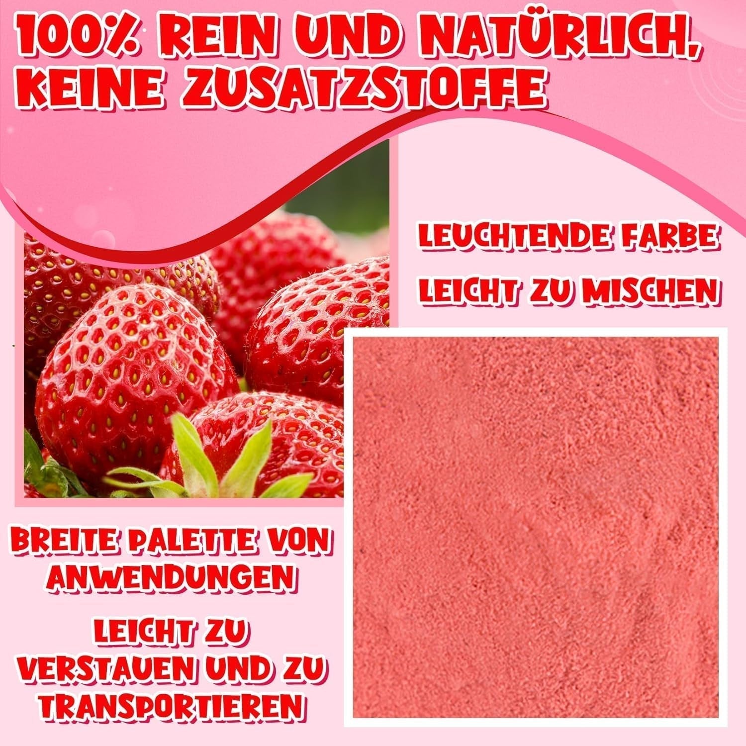 Erdbeerpulver 120 g – 100 % natürliche Erdbeeren, gefriergetrocknet, ohne Zusatzstoffe, einfaches Mischen, nahrhafte, gefriergetrocknete Erdbeeren für Eis, Kuchen, Smoothies, Getränke, Geschmackspulver, dehydrierte Produkte, Naty Shop