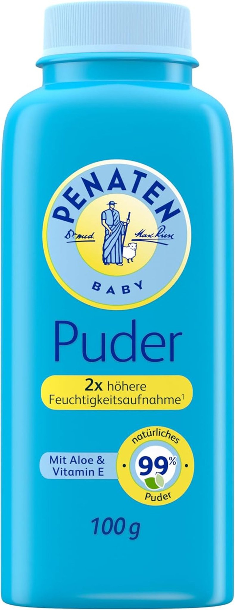 Natürliches Babypuder Penaten mit Aloe und Vitamin E (1x 100g) – Schützt empfindliche Haut, nimmt Feuchtigkeit auf und hält die Haut trocken – Dermatologisch bestätigt – 99 % Inhaltsstoffe natürlichen Ursprungs Kinder – Bade- und Hautpflege Naty Shop 100 G (1 Packung) Puder für Babys