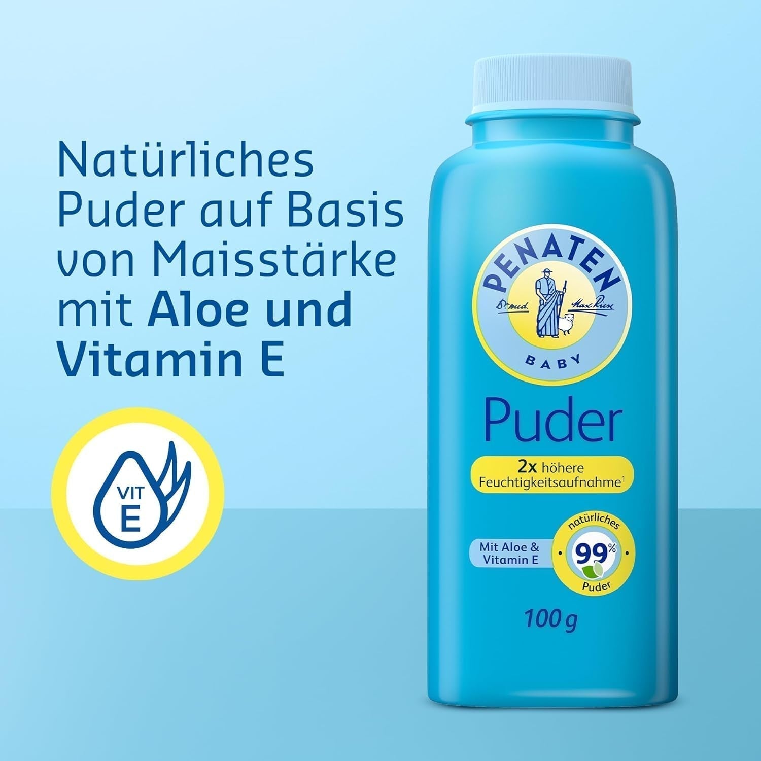Natürliches Puder für Babys Penaten mit Aloe und Vitamin E (1x 100g) – Schützt empfindliche Haut, nimmt Feuchtigkeit auf und hält die Haut trocken – Dermatologisch bestätigt – 99 % Inhaltsstoffe natürlichen Ursprungs Kinder – Bade- und Hautpflege Naty Shop