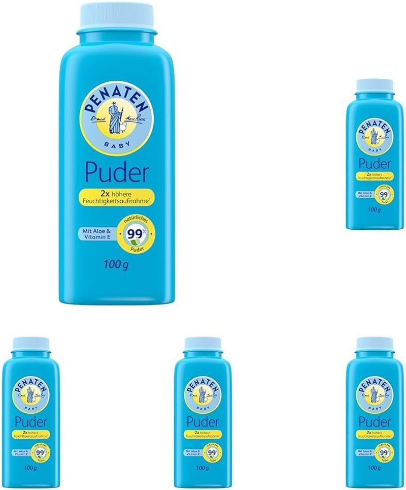 Natürliches Babypuder Penaten mit Aloe und Vitamin E (1x 100g) – Schützt empfindliche Haut, nimmt Feuchtigkeit auf und hält die Haut trocken – Dermatologisch bestätigt – 99 % Inhaltsstoffe natürlichen Ursprungs Kinder – Bade- und Hautpflege Naty Shop 100 G (5er Pack) Babypuder