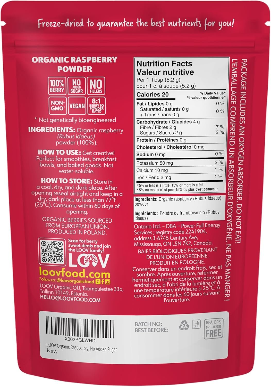 Bio-Himbeerpulver, 100 % ganze Himbeeren, gefriergetrocknetes Himbeerpulver, 171 g, aus Europa, 24-Tage-Versorgung, ohne Zuckerzusatz, Naty Shop dehydrierte Produkte