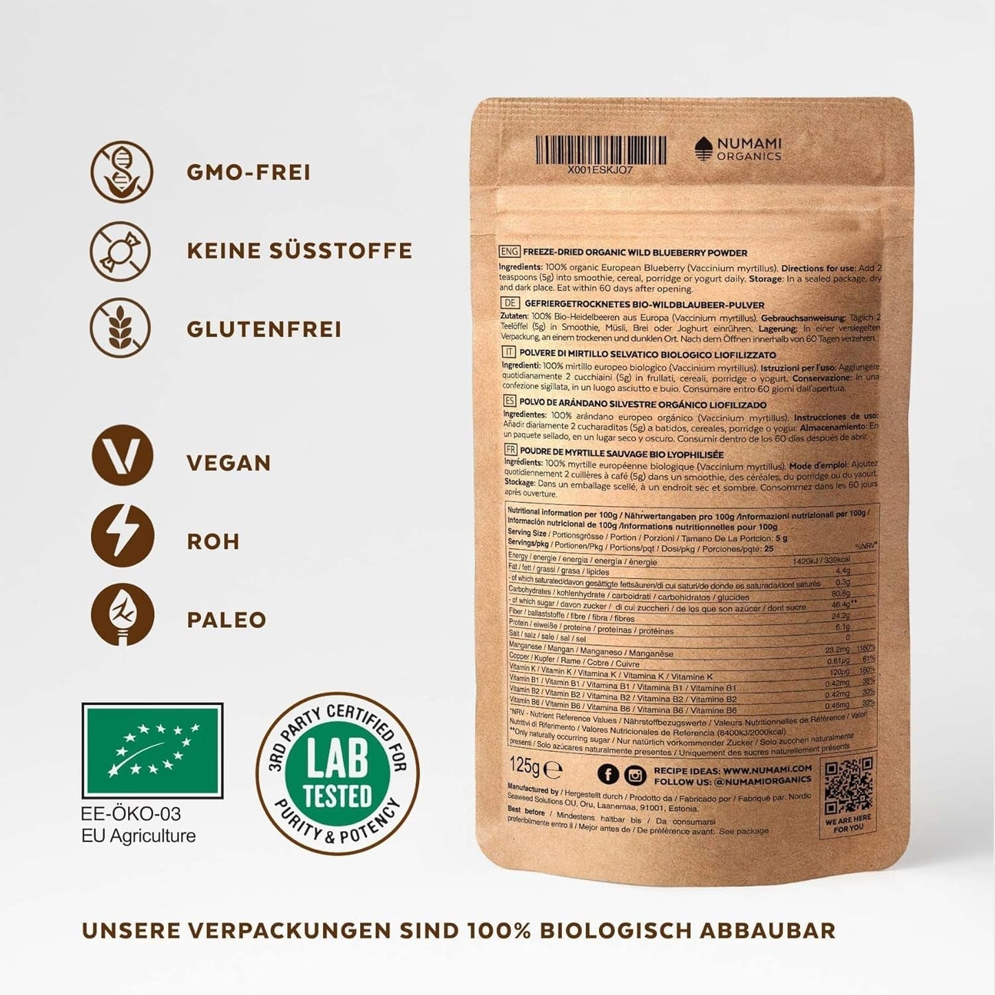 Bio-Wildheidelbeerpulver, gefriergetrocknete ganze Blaubeeren, 100 % Rohkostqualität, reich an Antioxidantien und Vitamin C, ohne Zuckerzusatz, in Nordeuropa geerntet. Trockenprodukte Naty Shop