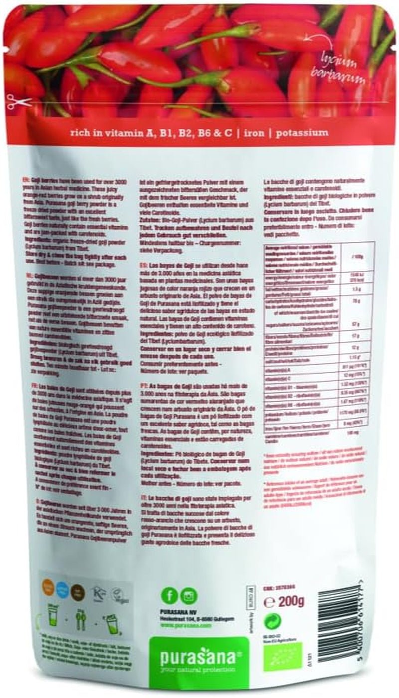 Purasana Goji-Beerenpulver aus Tibet aus kontrolliert biologischem Anbau (200g) Rohkostqualität Dehydrierte Produkte Naty Shop