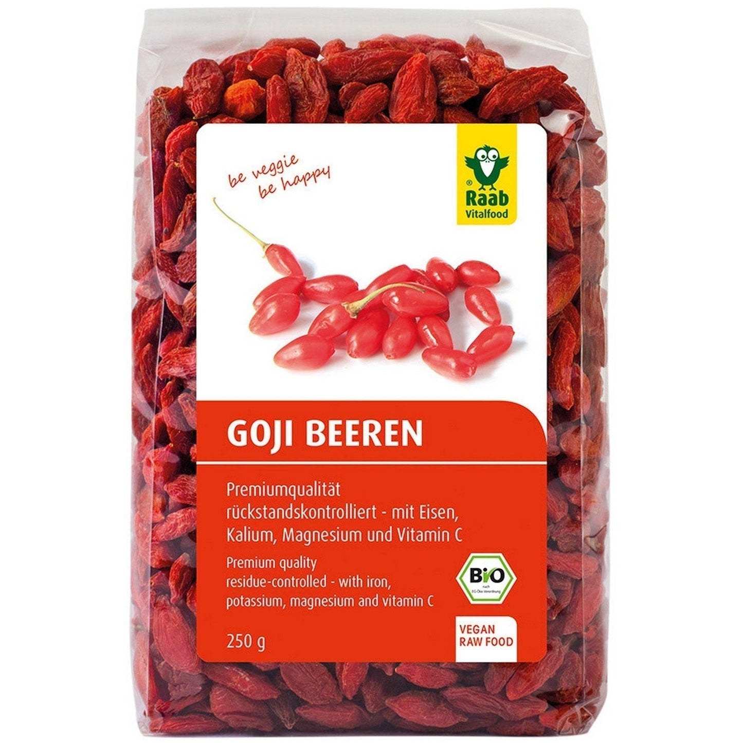 Raab Vitalfood Bio-Goji-Beeren, hohe Qualität, rückstandskontrolliert, im Labor getestet, schwefelfrei, ohne Zusatzstoffe, vegan, reich an natürlichem Eisen, Kalium, Vitamin C, Wolfsbeere, 1 Packung (250 g). Naty Shop Dehydrierte Produkte 250 Gramm