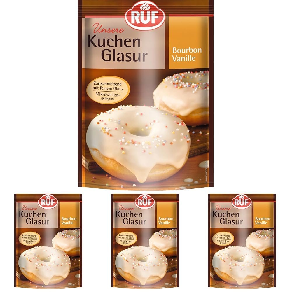 RUF Cake Glaze Bourbon Vanilla, 100g im Beutel, mikrowellengeeignet, zum Glasieren und Dekorieren von Keksen, Muffins und Kuchen, glutenfrei (4er-Pack) Naty Shop Zuckerpaste Standardtitel