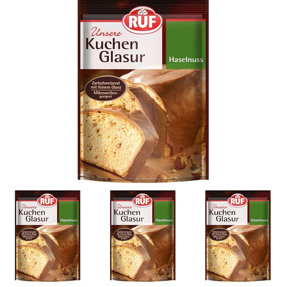 RUF Kuchenglasur Haselnuss, 100g im Beutel, mikrowellengeeignet, zum Glasieren von Kuchen mit Nüssen, Pralinen und Nigrés, glutenfrei (4er-Pack) Zuckerpaste Naty Shop Standardtitel