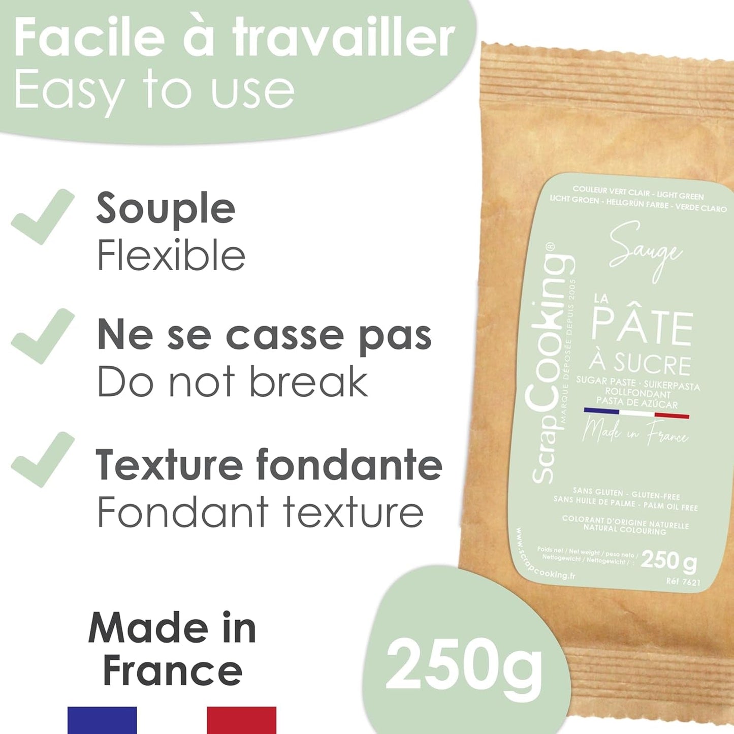 ScrapCooking - Pâte à Sucre Vert Sauge 250g - Colorant d'Origine Naturelle - Sans Gluten, Sans Huile de Palme - Pour Gâteaux, Pâtisseries Anniversaire - Vert Pastel - Fabrikie en France - 7621 Zuckerpaste Naty Shop