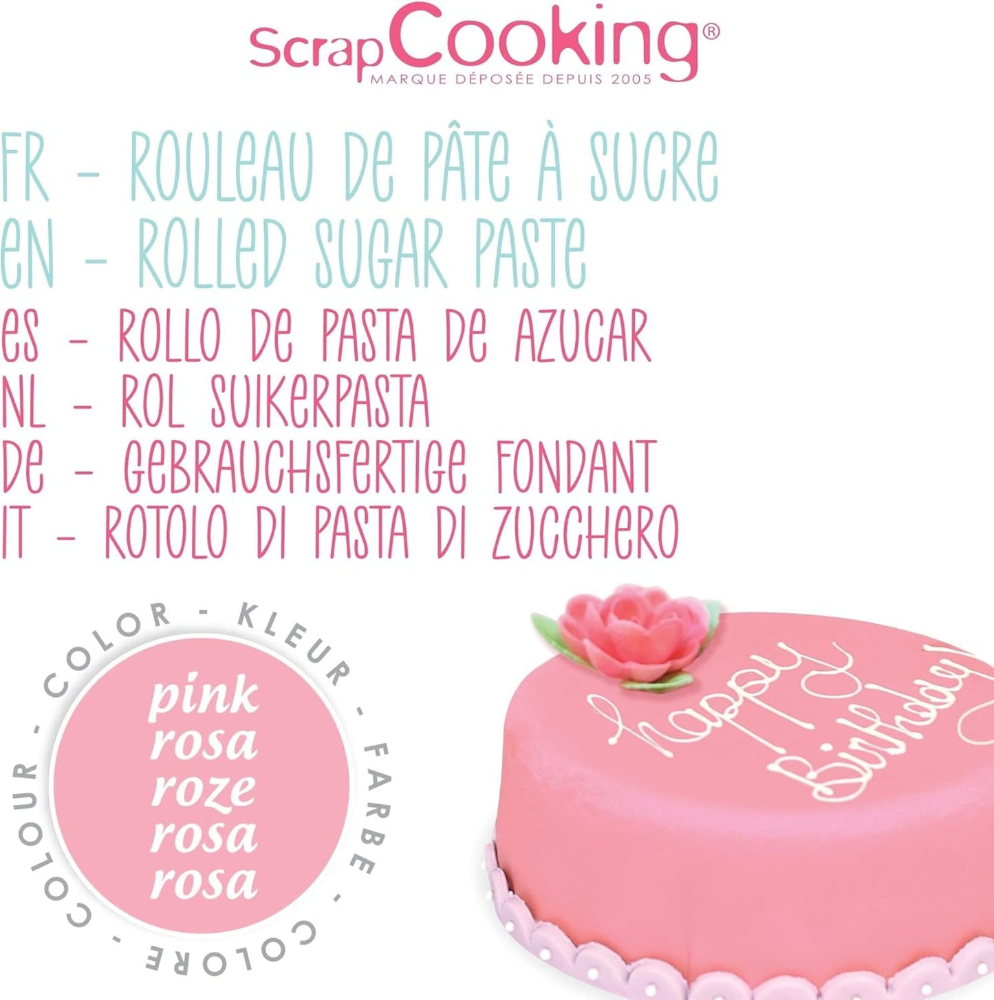 ScrapCooking - Rosa Fondantrolle â'¬ 36 cm - Gerollter schwarzer Fondant 430 g - Tortenaufsatz Fondantaufsatz Dekoration für Kuchen, Backen, Geburtstage, Partys - Rosa - 7264 Zuckerpaste Naty Shop