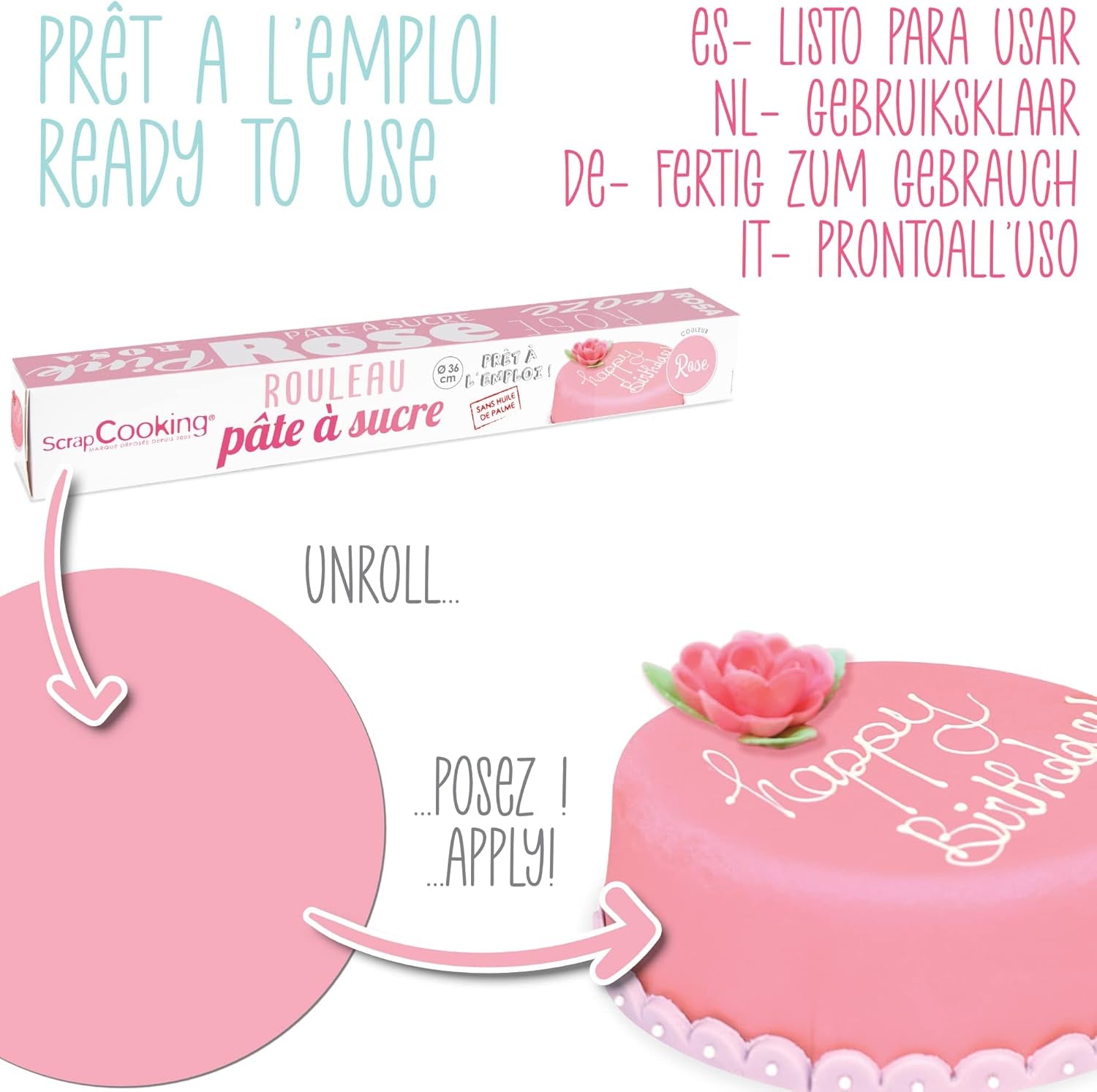 ScrapCooking - Rosa Fondantrolle â'¬ 36 cm - Gerollter schwarzer Fondant 430 g - Tortenaufsatz Fondantaufsatz Dekoration für Kuchen, Backen, Geburtstage, Partys - Rosa - 7264 Zuckerpaste Naty Shop