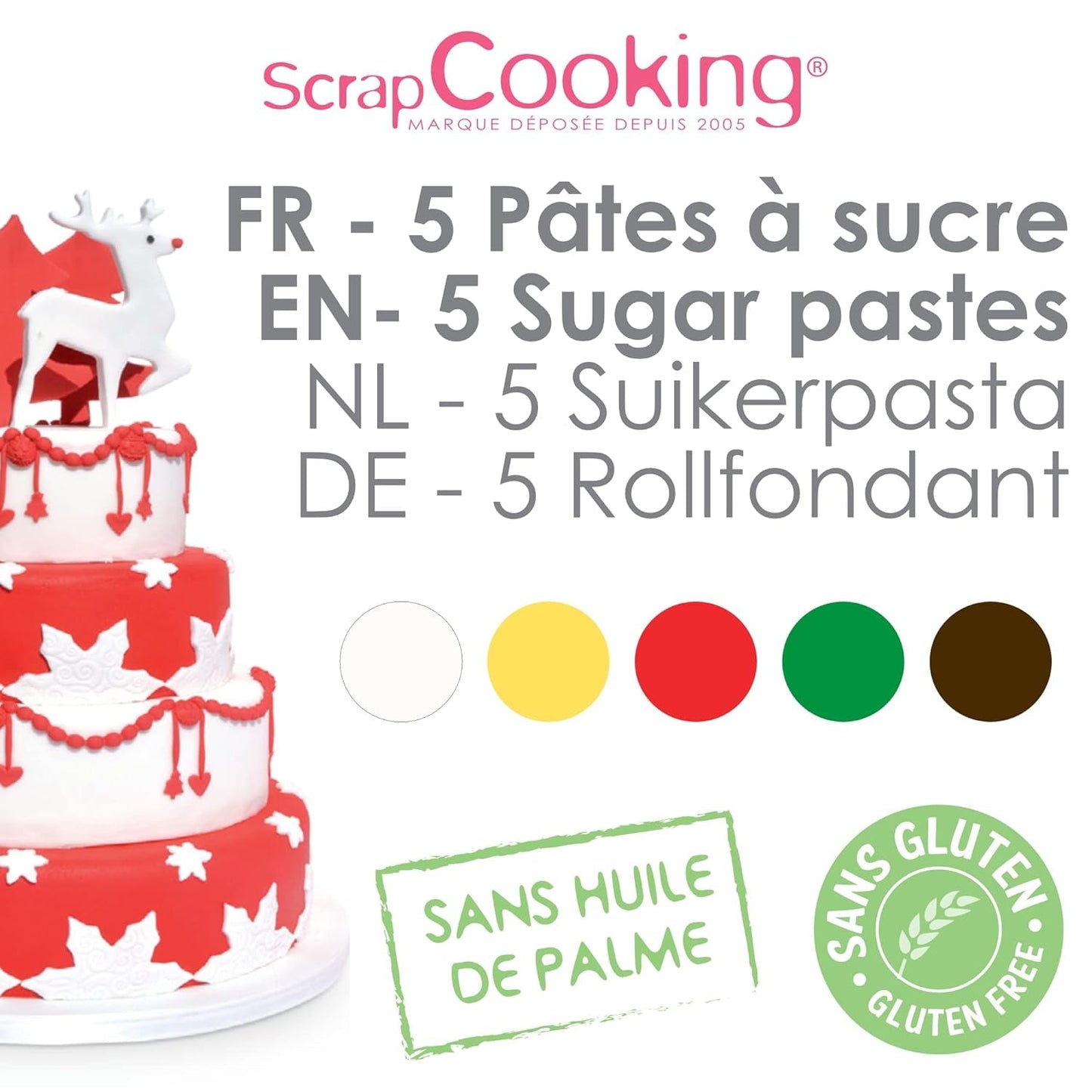 ScrapCooking – Set mit 5 Fondants – weiß, gelb, rot, grün und braun – 5 x 80 g – Zuckerpaste für Kuchen, Kuchendekorationen, Geburtstag, Weihnachten – glutenfrei und frei von Palmöl – 7257 Naty Shop Zuckerpaste