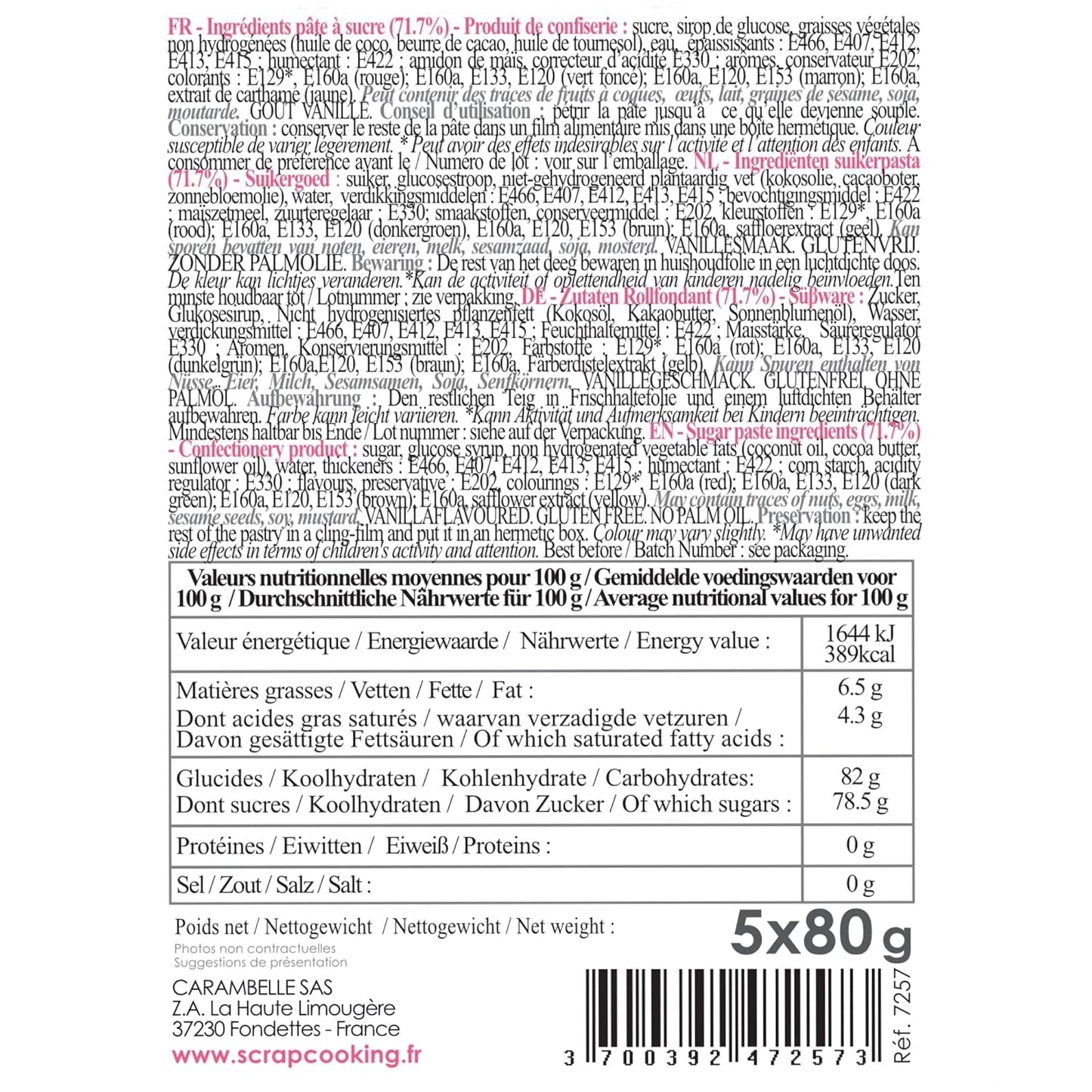 ScrapCooking – Set mit 5 Fondants – weiß, gelb, rot, grün und braun – 5 x 80 g – Zuckerpaste für Kuchen, Kuchendekorationen, Geburtstag, Weihnachten – glutenfrei und frei von Palmöl – 7257 Naty Shop Zuckerpaste