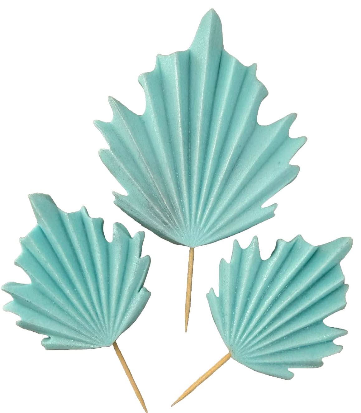 Set mit 3 essbaren Zuckerdekorationen, blaue exotische Blätterdekorationen von Sugar Paste Nati Shop
