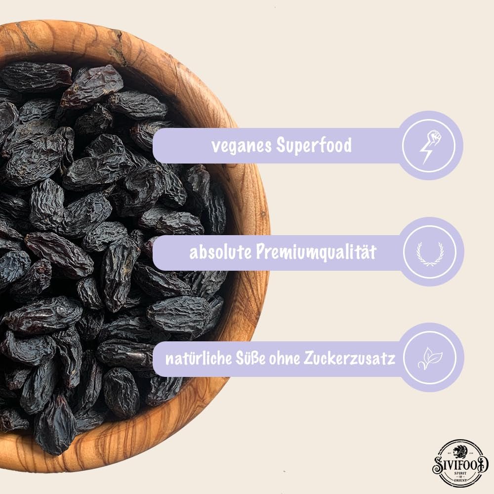 SIVIFOOD Jumbo schwarze Sultaninen 300 g – große und köstliche schwarze Sultaninen von höchster Qualität, natürlich getrocknete, süße, fruchtige Trauben, ungeschwefelt, ungesüßt, ungesüßt, ölfrei, Kishmish-Zusätze, dehydrierte Produkte, Naty Shop