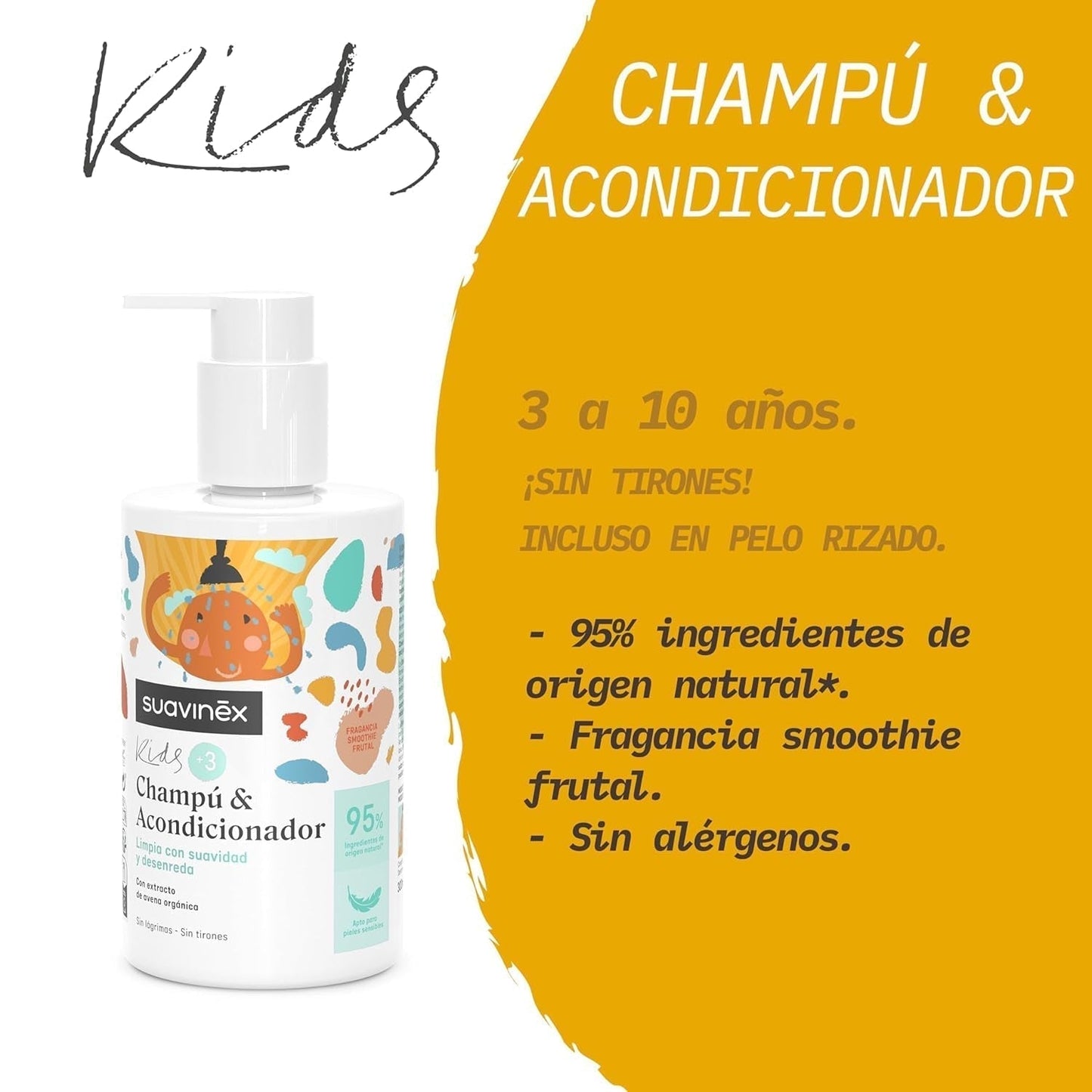 Suavinex, Pflegeshampoo für Kinder von 3 bis 10 Jahren, allergenfrei, parabenfrei, silikonfrei, für empfindliche Haut geeignet, kein Tränen oder Ziehen, 95 % Inhaltsstoffe natürlichen Ursprungs, Kinder – Bade- und Hautpflege Naty Shop