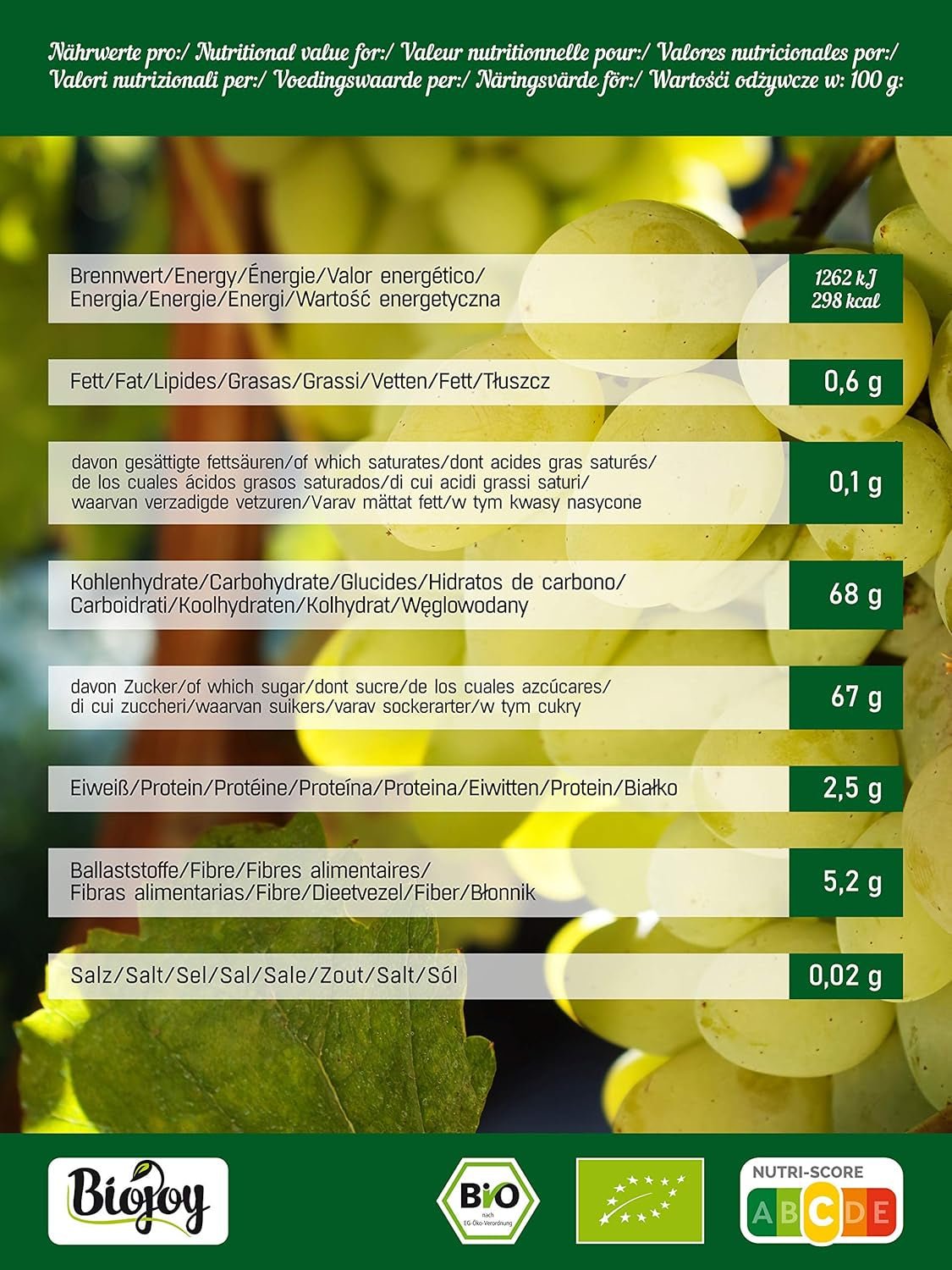 Biojoy Bio-Sultaninen (500 g), getrocknete und ungeschwefelte Naty Shop dehydrierte Produkte