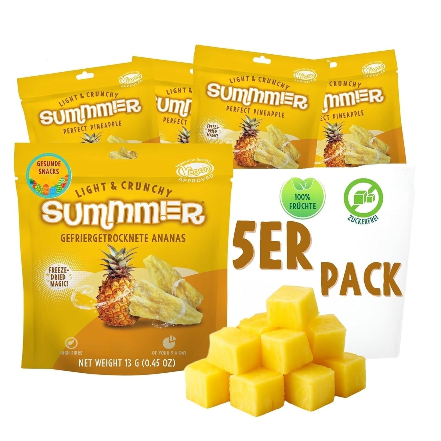 Sommergefriergetrocknete Erdbeeren – 5er-Packung – zuckerfrei, 100 % natürlich, köstliche knusprige Snacks für Kinder und Erwachsene, ideal für Müsli und Lunchboxen (55 g). Dehydrierte Produkte Naty Shop 5er-Packung Ananas
