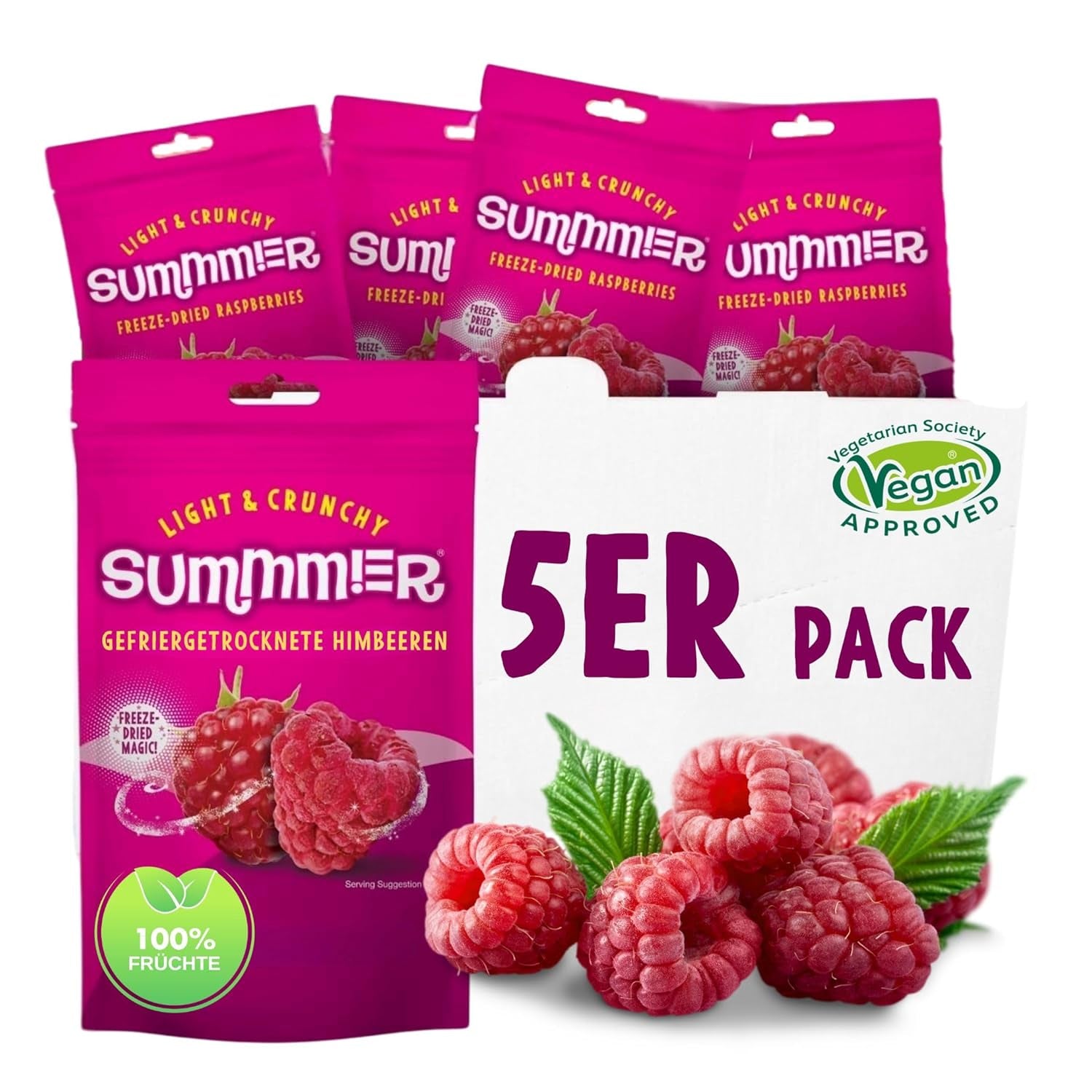 Gefriergetrocknete Summmer-Erdbeeren – 5er-Packung – Zuckerfrei, 100 % natürlich, köstliche knusprige Snacks für Kinder und Erwachsene, ideal für Müsli und Lunchboxen (55 g). Dehydrierte Produkte Naty Shop Packung mit 5 Himbeeren