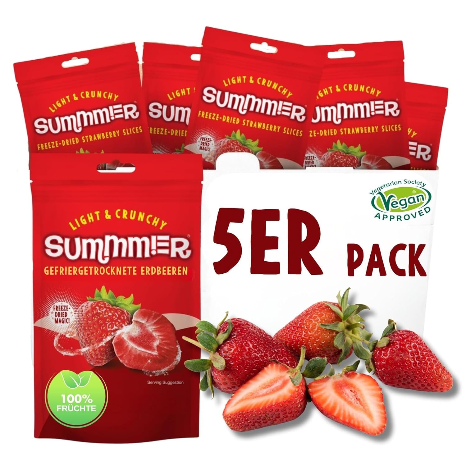 Gefriergetrocknete Sommer-Erdbeeren – 5er-Packung – zuckerfrei, 100 % natürlich, köstliche knusprige Snacks für Kinder und Erwachsene, ideal für Müsli und Lunchboxen (55 g). Dehydrierte Produkte Naty Shop 5er-Packung Erdbeeren