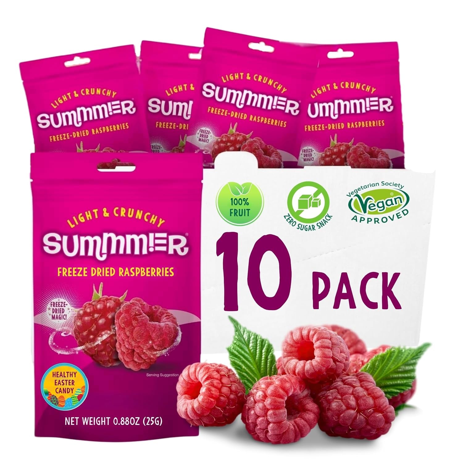 Sommergefriergetrocknete Erdbeeren – 5er-Packung – zuckerfrei, 100 % natürlich, köstliche knusprige Snacks für Kinder und Erwachsene, ideal für Müsli und Lunchboxen (55 g). Dehydrierte Produkte Naty Shop Packung mit 10 Himbeeren