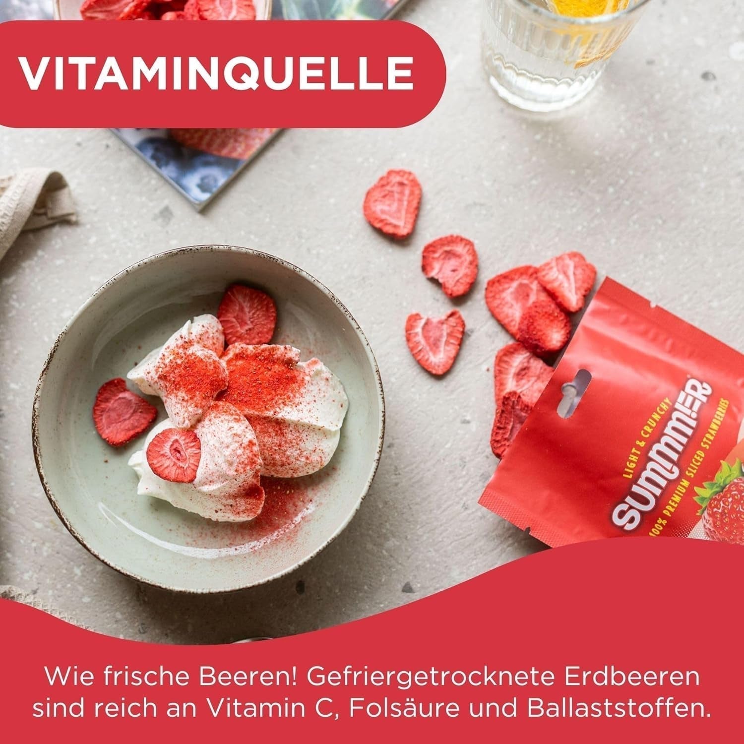 Sommerliche gefriergetrocknete Erdbeeren – 5er-Pack – zuckerfrei, 100 % natürlich, leckere knusprige Snacks für Kinder und Erwachsene, ideal für Müsli und Lunchboxen (55 g). Dehydrierte Produkte Naty Shop