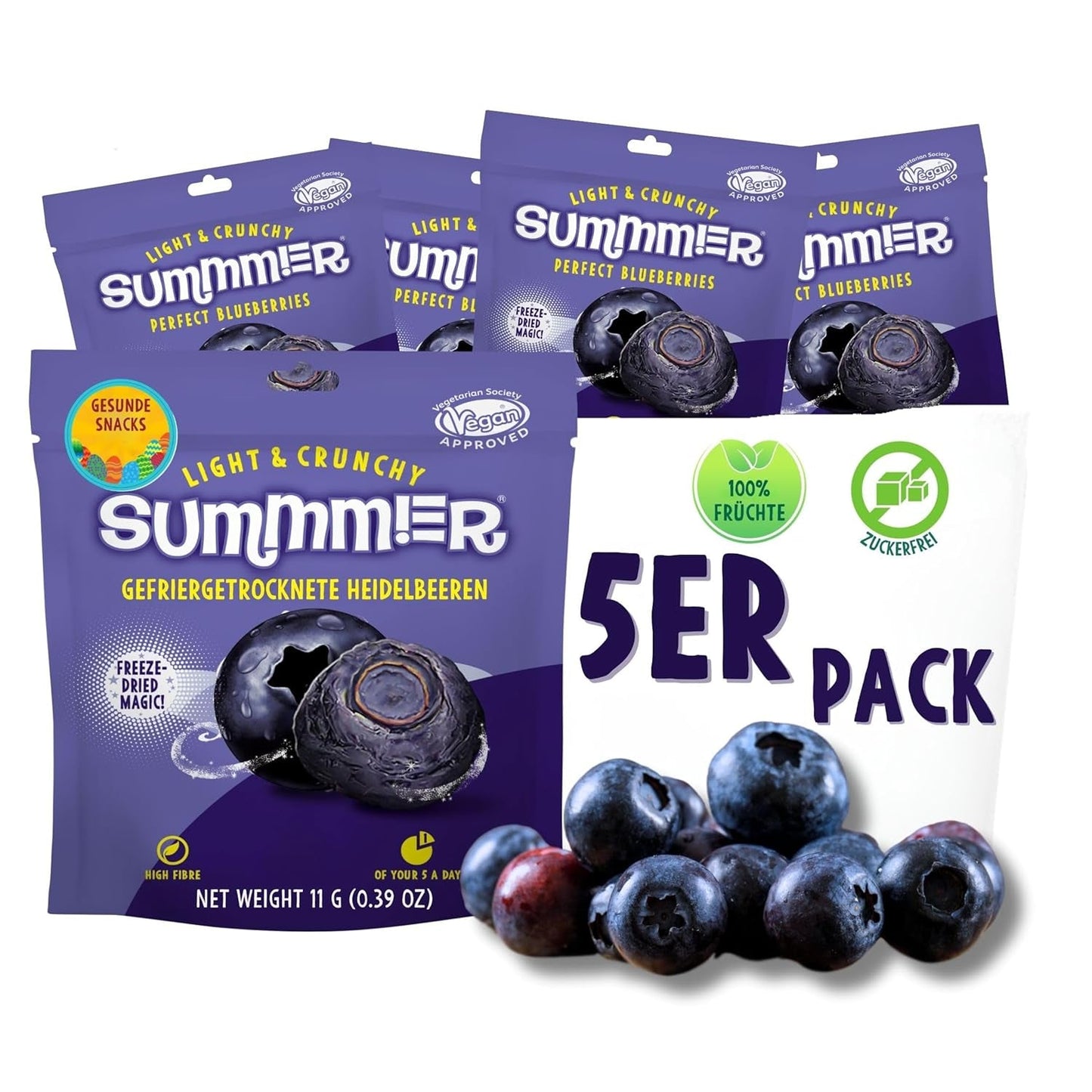 Sommergefriergetrocknete Erdbeeren – 5er-Packung – zuckerfrei, 100 % natürlich, köstliche knusprige Snacks für Kinder und Erwachsene, ideal für Müsli und Lunchboxen (55 g). Dehydrierte Produkte Naty Shop 5er-Pack Blaubeeren