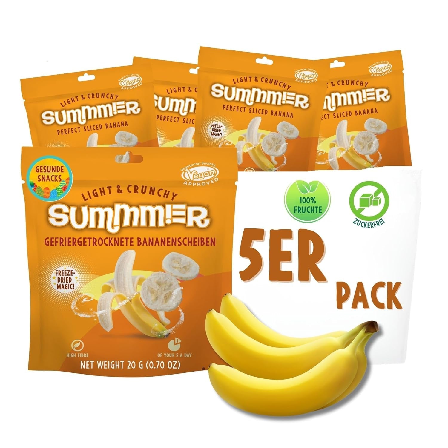 Sommerliche gefriergetrocknete Erdbeeren – 5er-Packung – zuckerfrei, 100 % natürlich, köstliche knusprige Snacks für Kinder und Erwachsene, ideal für Müsli und Lunchboxen (55 g). Dehydrierte Produkte Naty Shop 5er-Pack Banane