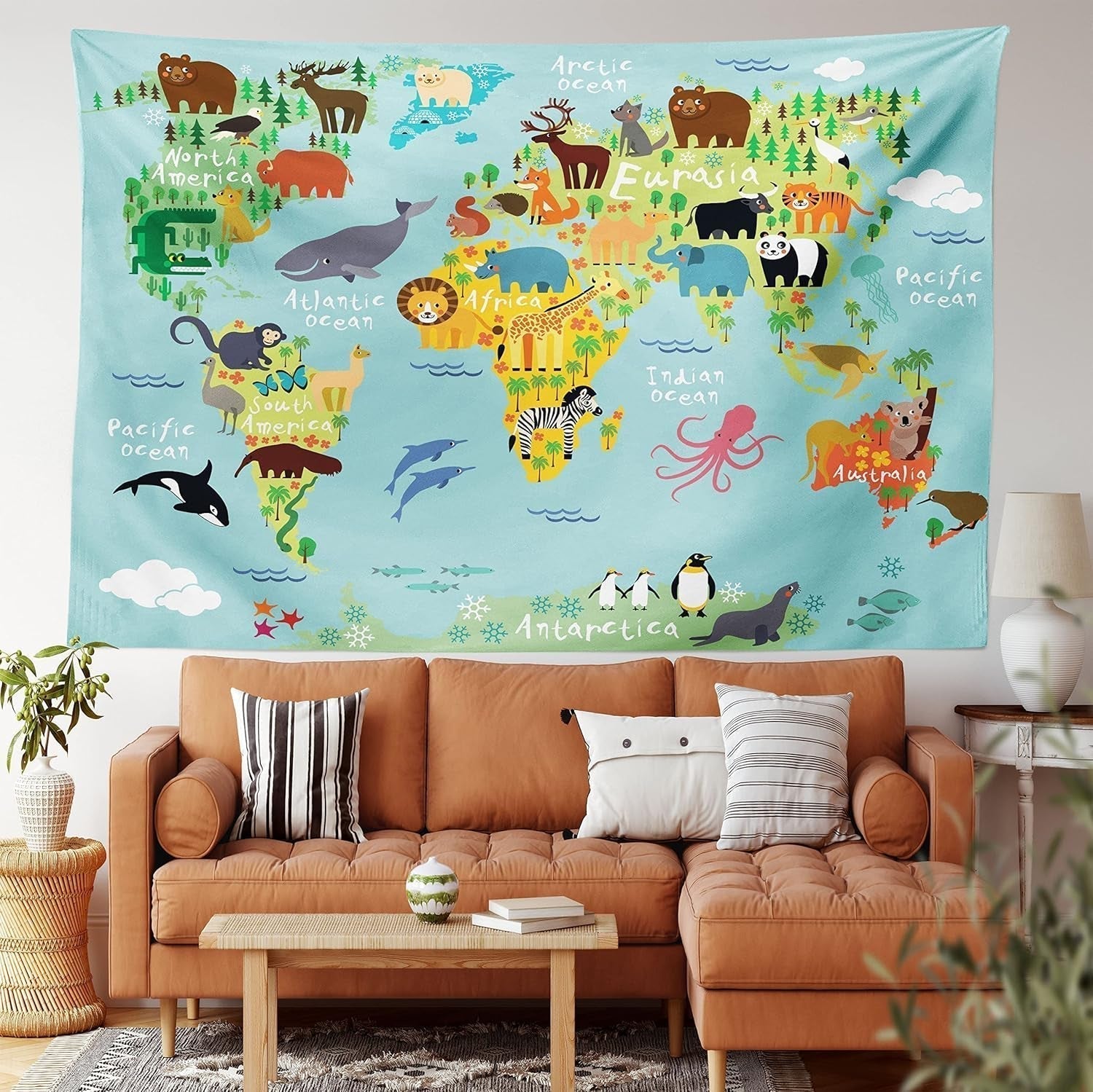 Wandteppich Abakuhaus Fernweh Tierkarte der Welt Zeichnungen Zuhause – Accessoires und Dekorationen Naty Shop