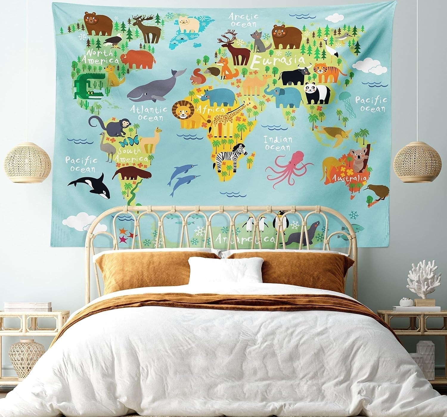 Wandteppich Abakuhaus Fernweh Tierkarte der Welt Zeichnungen Zuhause – Accessoires und Dekorationen Naty Shop