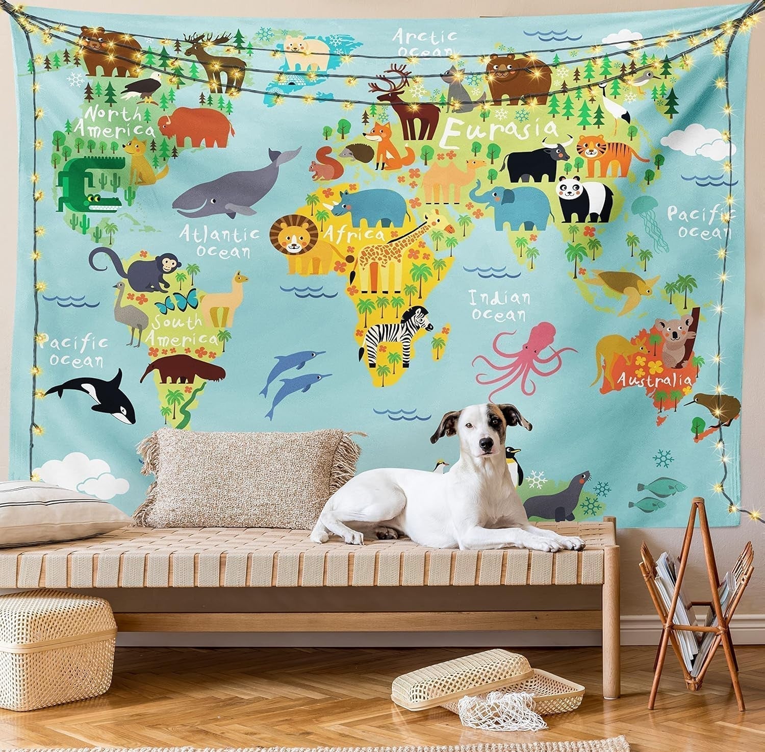 Wandteppich Abakuhaus Fernweh Tierkarte der Welt Zeichnungen Zuhause – Accessoires und Dekorationen Naty Shop
