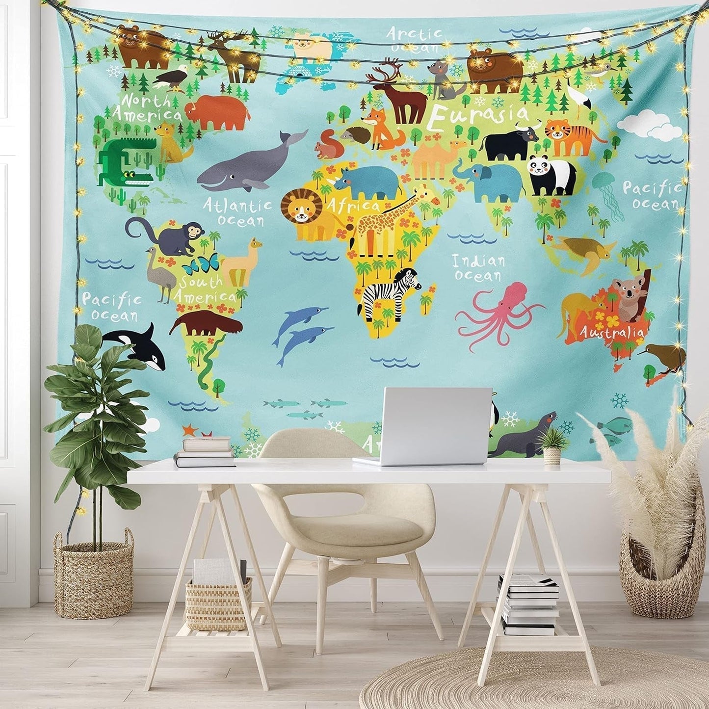 Wandteppich Abakuhaus Fernweh Tierkarte der Welt Zeichnungen Zuhause – Accessoires und Dekorationen Naty Shop