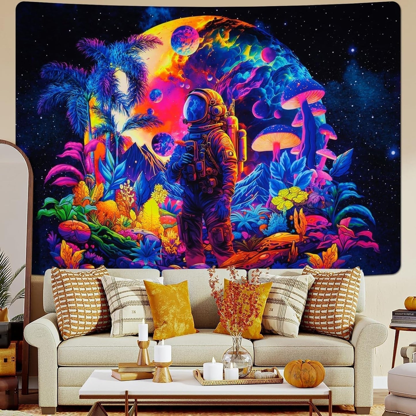 Wandteppich Alishomtll Schwarzlicht Astronautenpilz fluoreszierend botanisch Zuhause – Accessoires und Dekorationen Naty Shop