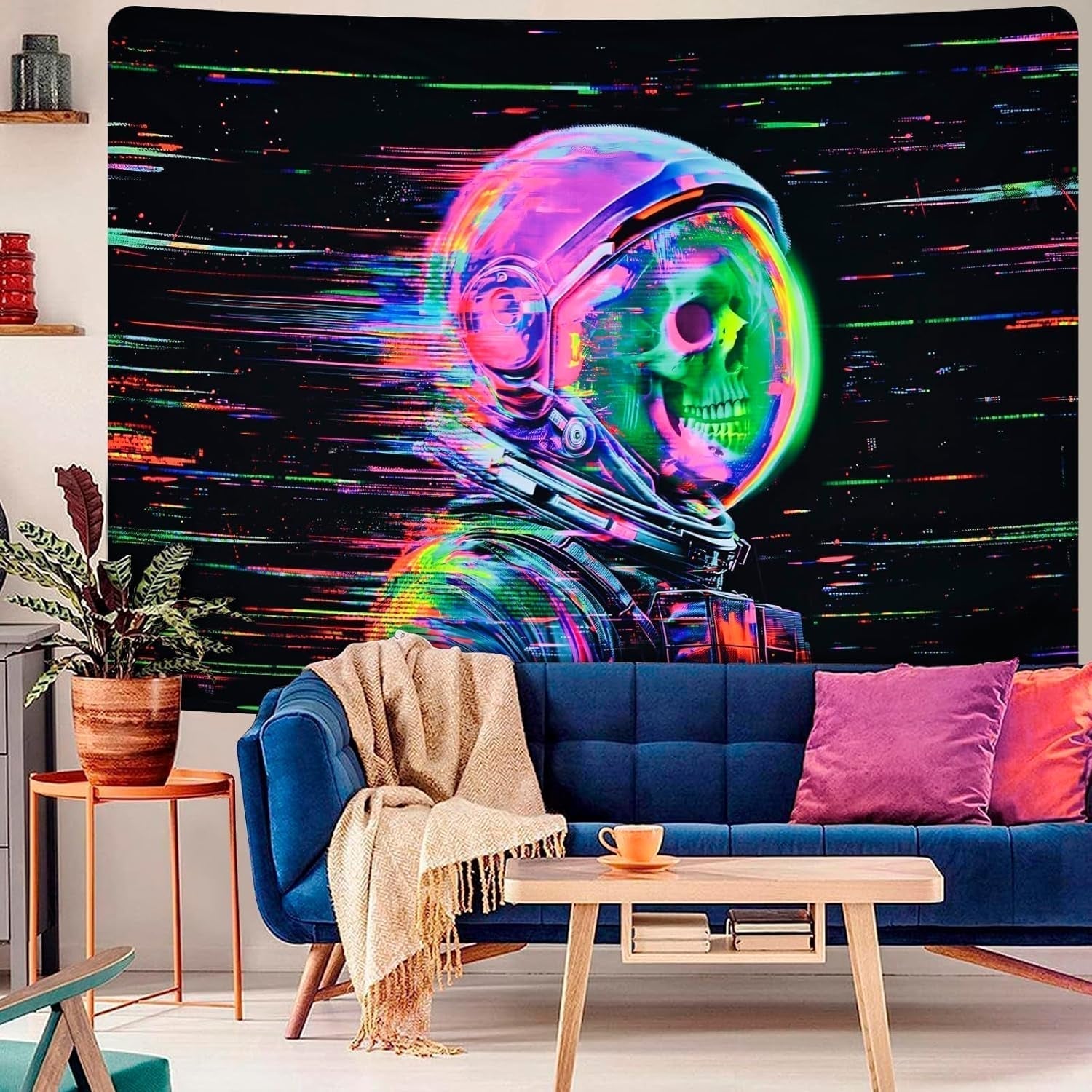 Tapisserie Alishomtll fluoreszierender Totenkopf Astronaut Schwarzlicht Zuhause – Accessoires und Dekorationen Naty Shop