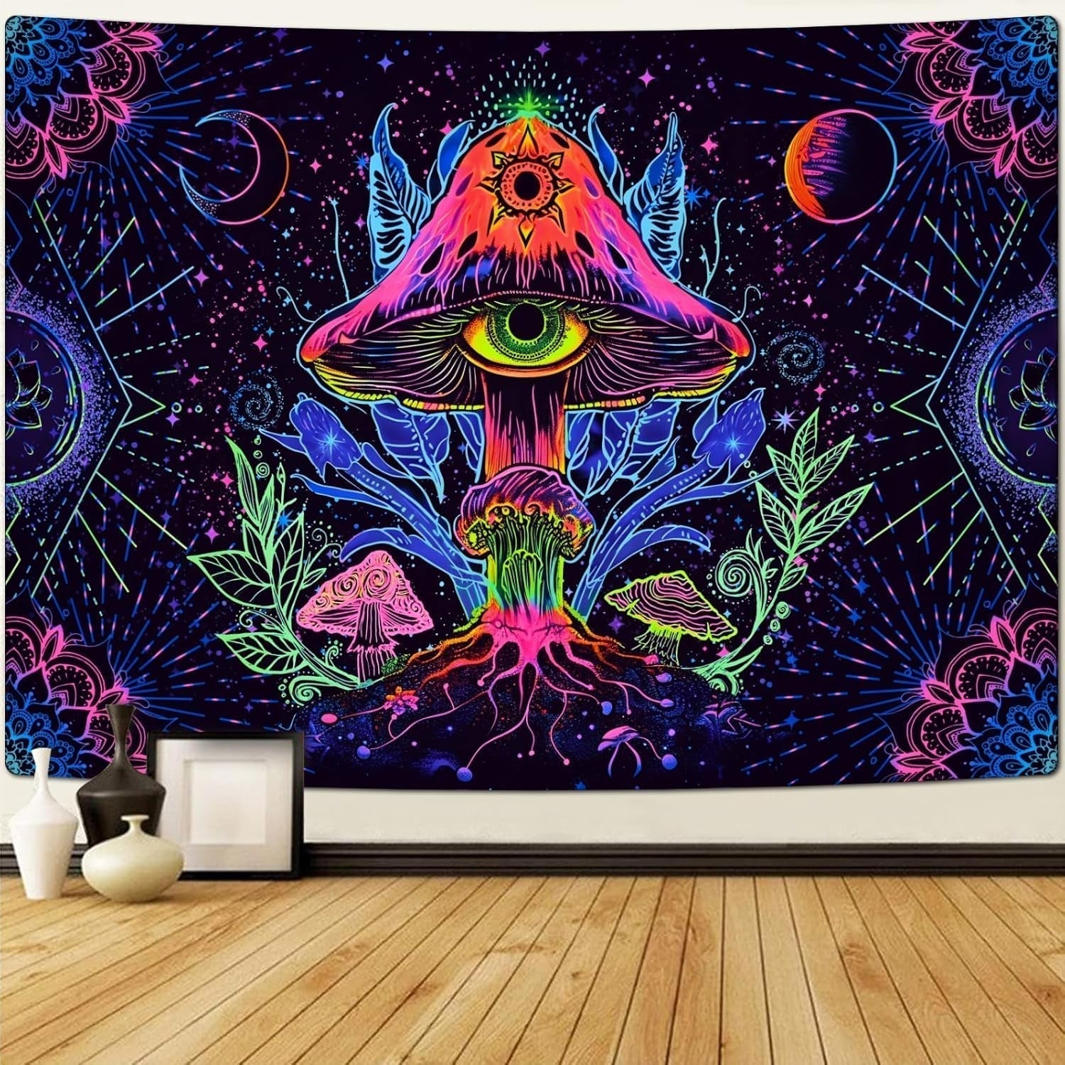Wandteppich Alishomtll fluoreszierender Pilz Schwarzlicht-Mandala Zuhause – Accessoires und Dekorationen Naty Shop